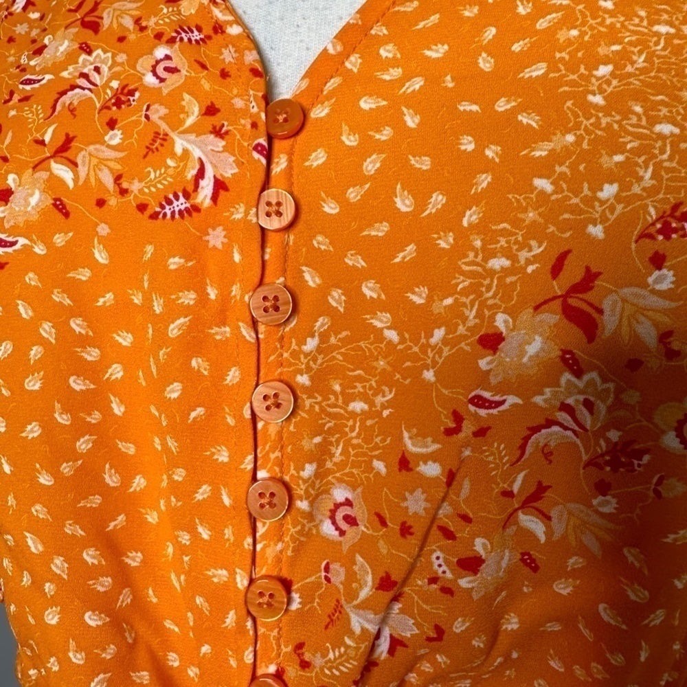 Joie Blouse Sz S Shirt Floral Orange Button Bow Tie Front Crop Cottagecore - Picture 5 of 11